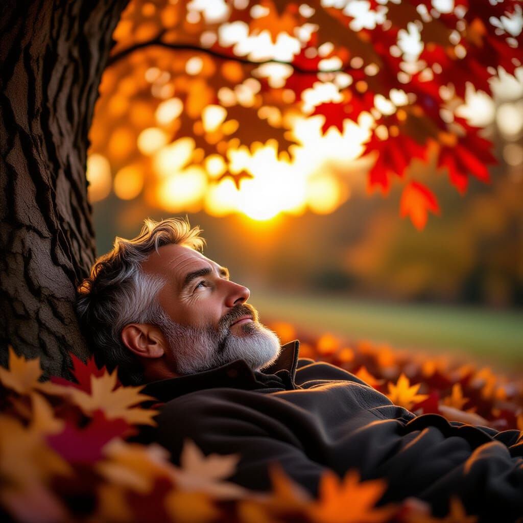 Italian Man Gazing at Autumn Maple Tree