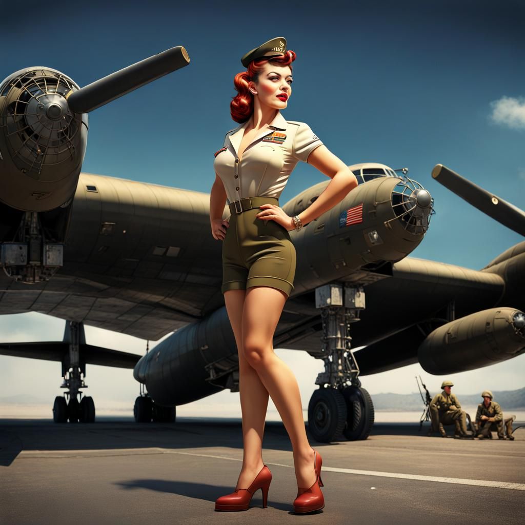 WWII Pin-Up Girl and B-52 Bomber, Hyperrealistic Art