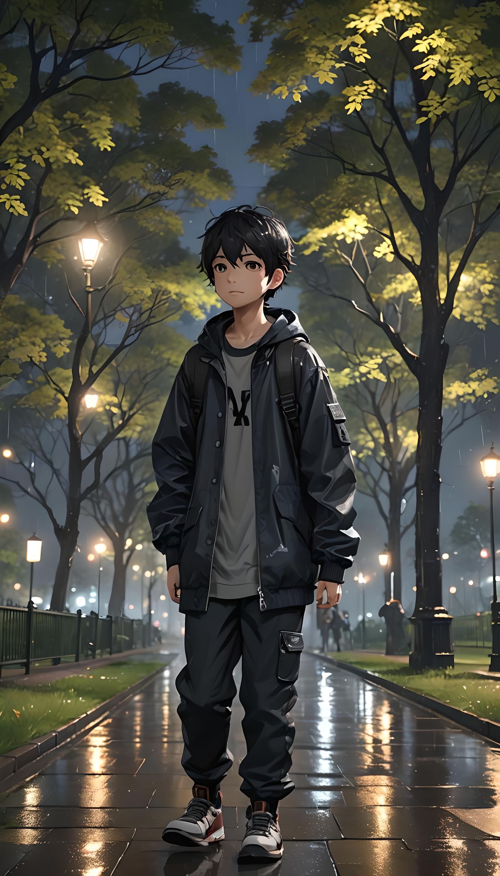 Rainy Night Park Walk: Anime-Inspired 3D Art