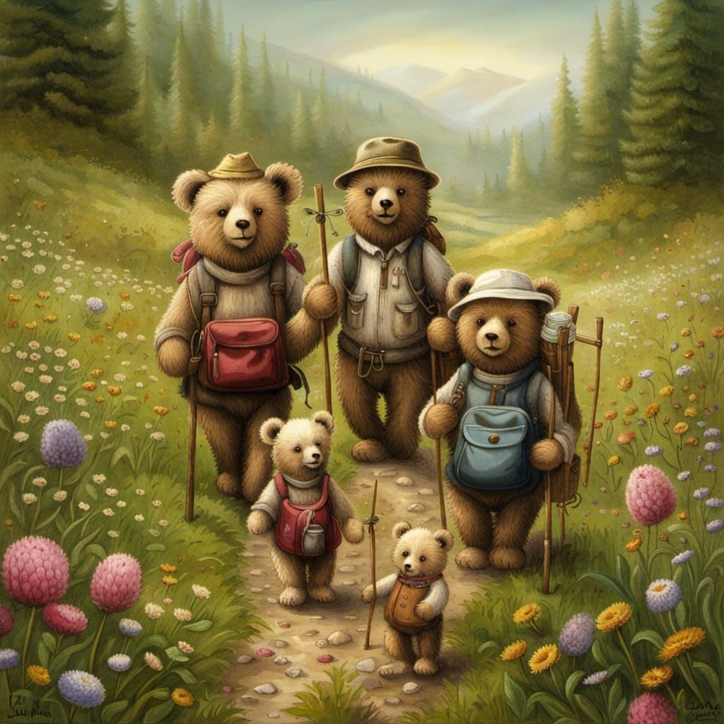Teddy Bear Family Hike Through Blooming Meadows