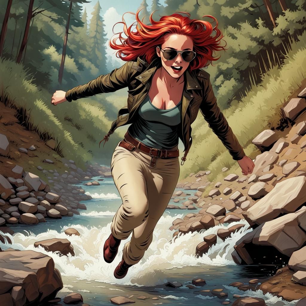 Woman Leaping Stream in Comic Book Art Style