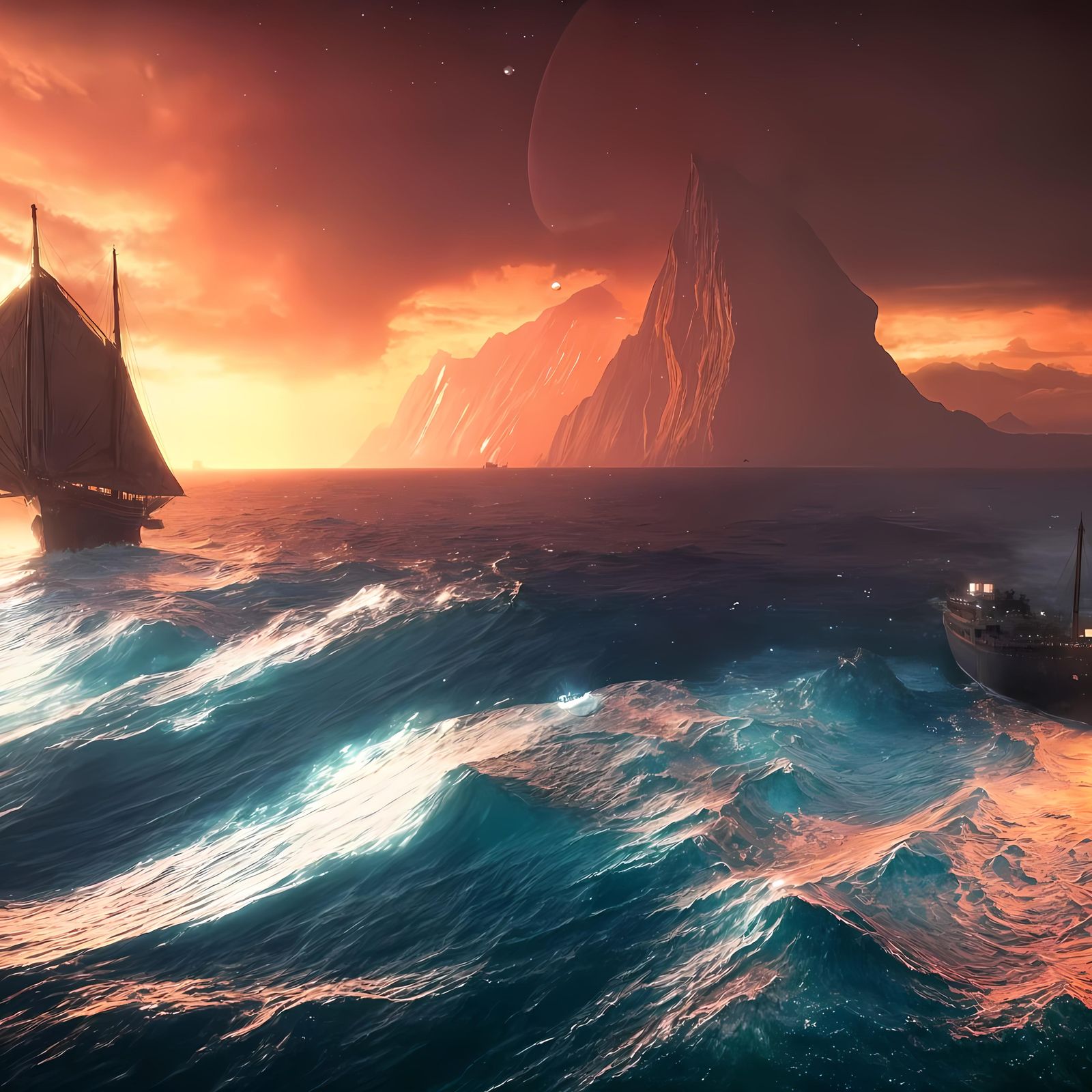 Titanic Submerged in Starry Sea: Detailed Matte Painting