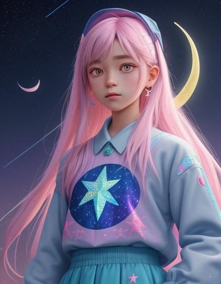 outfit cute pastel-colored, embroidered stars and crescent m...