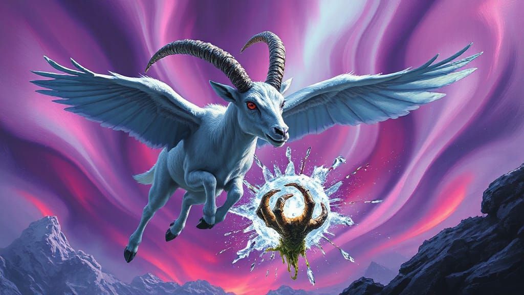 Mystical Ice and Wind Elemental Ibex Amidst Magenta Aurora