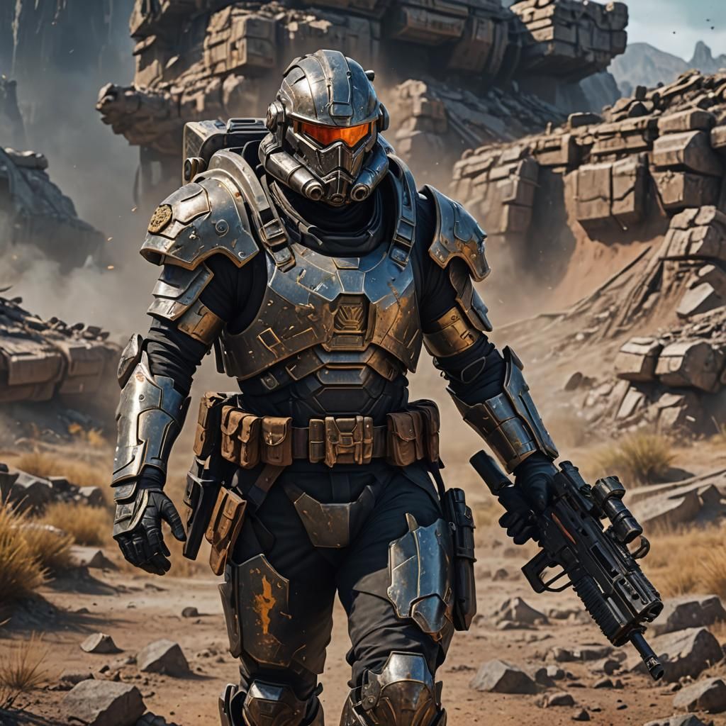 soldier wearing armor carrying a blaster on a battlefield bare face looking determined, detailed matte painting, deep co...