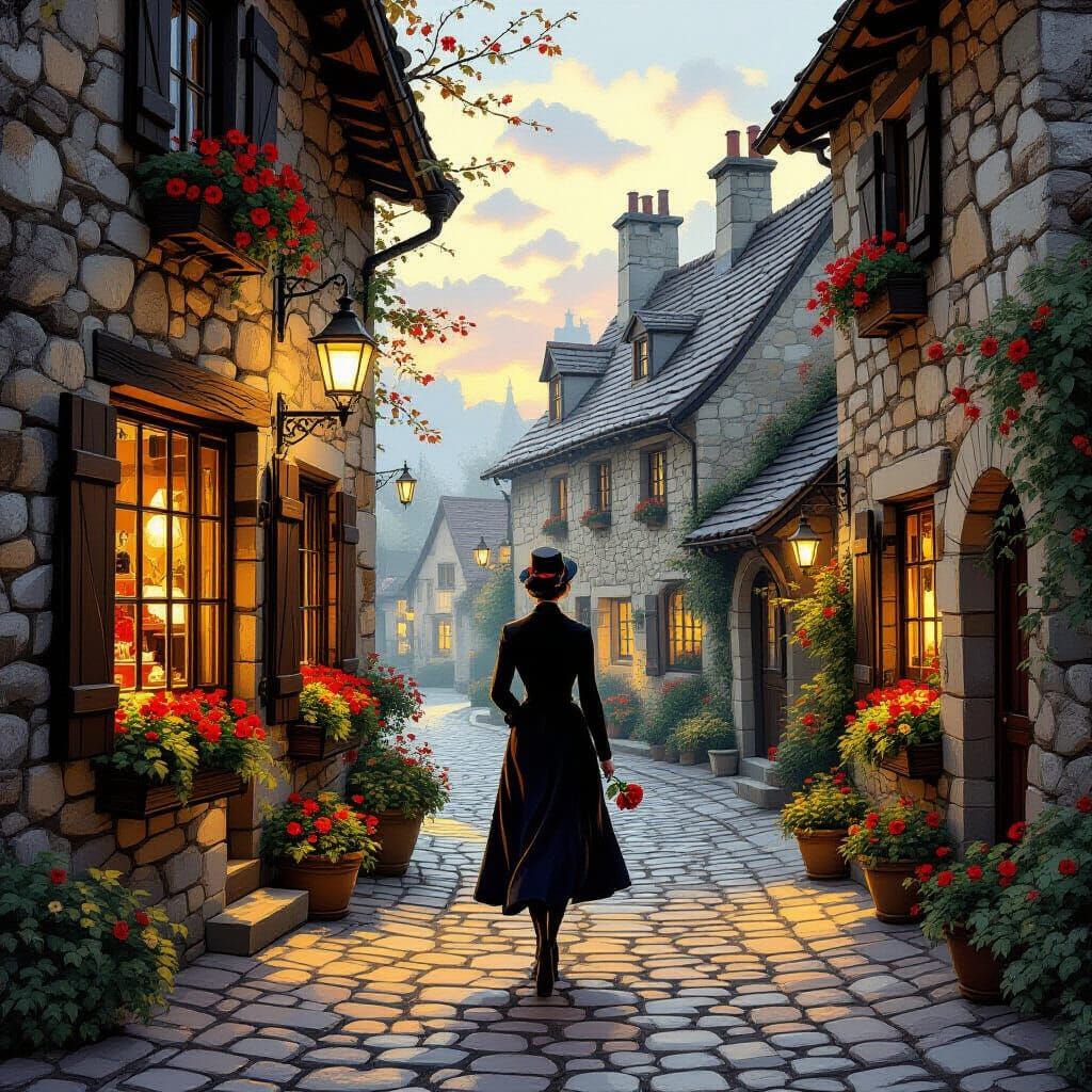 Rustic Village Scene with Elegant Figure Holding Rose