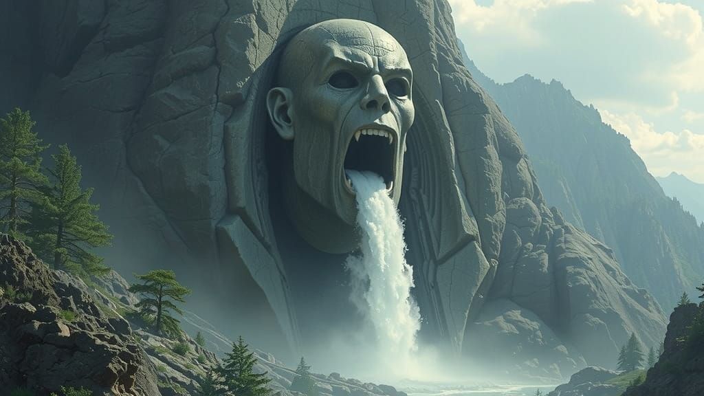 Majestic Stone Head Mountain Waterfall in Hildebrandt Style