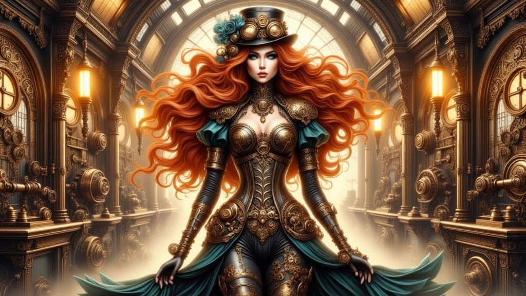 Steampunk Enchantress with Fiery Hair and Mechanical Armor