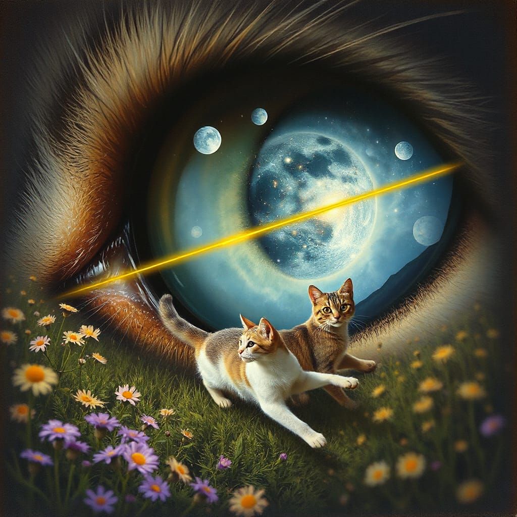 Miniature Feline World Inside Cat's Eye as Oil Painting