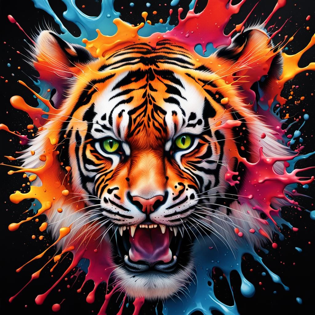 Hyperrealistic Ink Tiger Splatter in Bright Colors