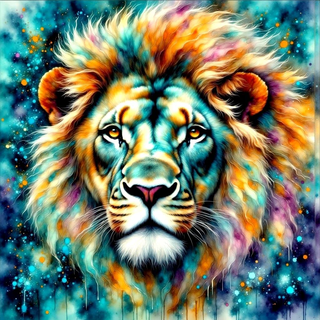 Majestic Lion in Watercolor Hues and Ink
