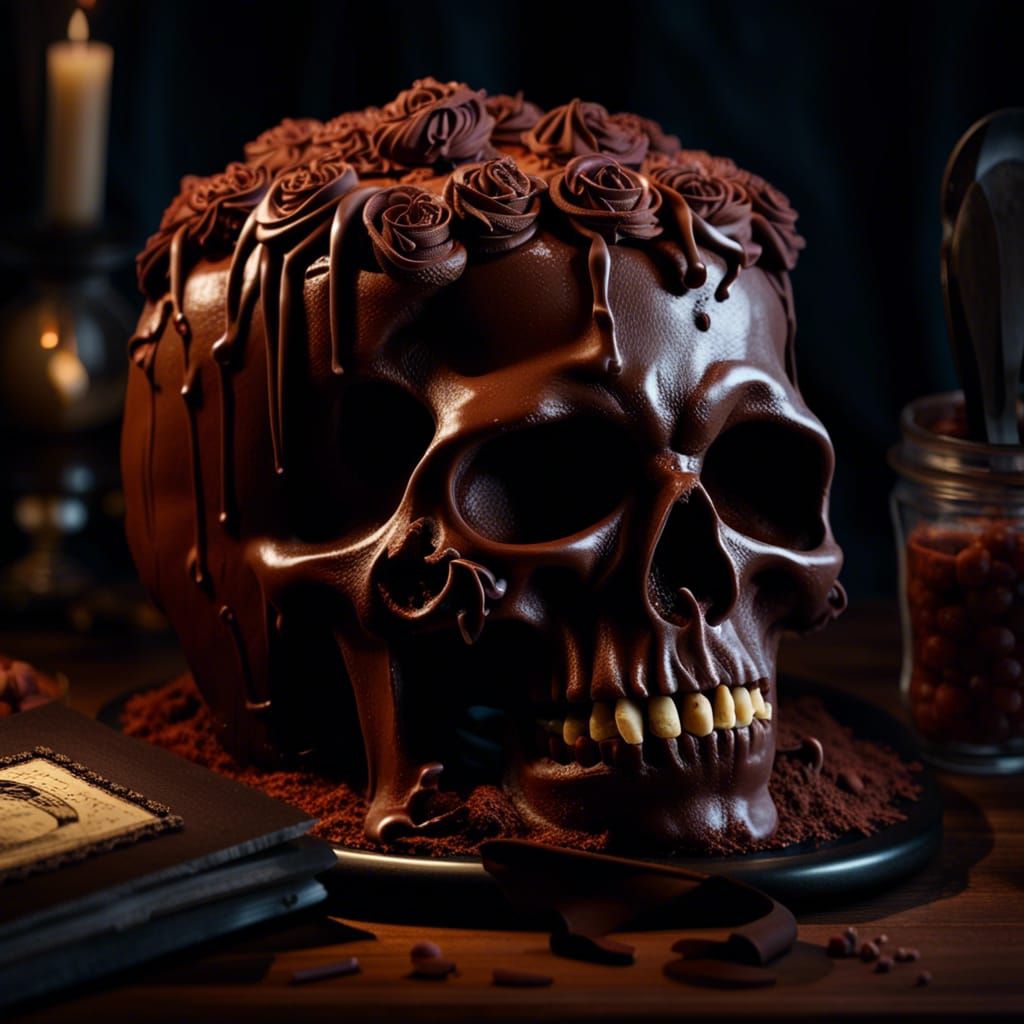 Sinister Chocolate Skull Cake in Dark Lighting
