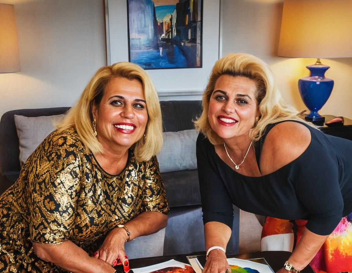 Women Kissing in Hotel Suite as Oil Painting