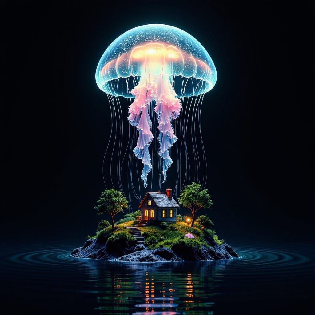Bioluminescent Jellyfish Over Surreal Island in Dalí Style