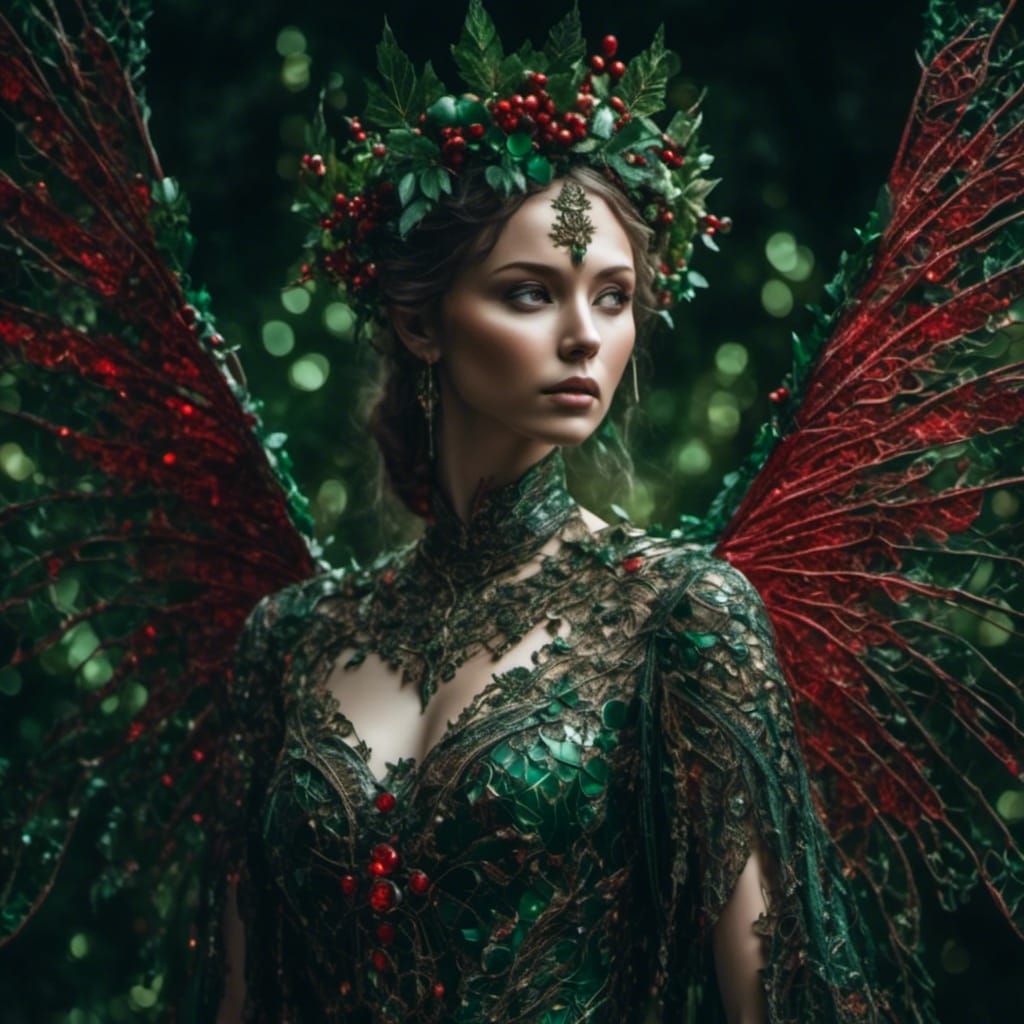 Beautiful Angel in Holly Crown with Dark Green Wings
