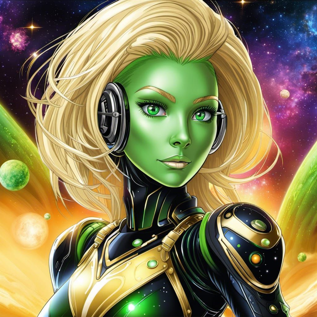 Alien Woman Portrait in Anime Style with Galaxy Background