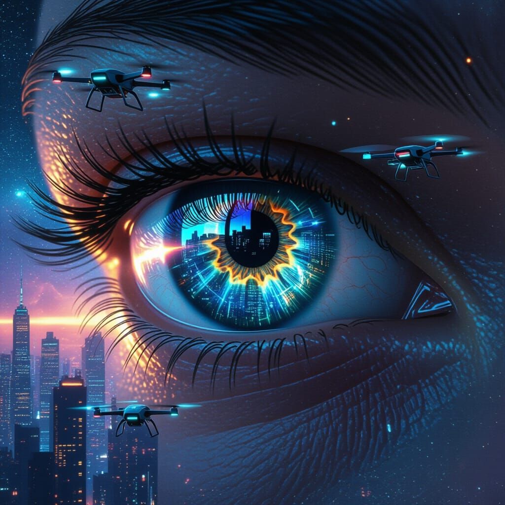 Eye Reflecting Futuristic Cityscape in Cosmic Night Sky