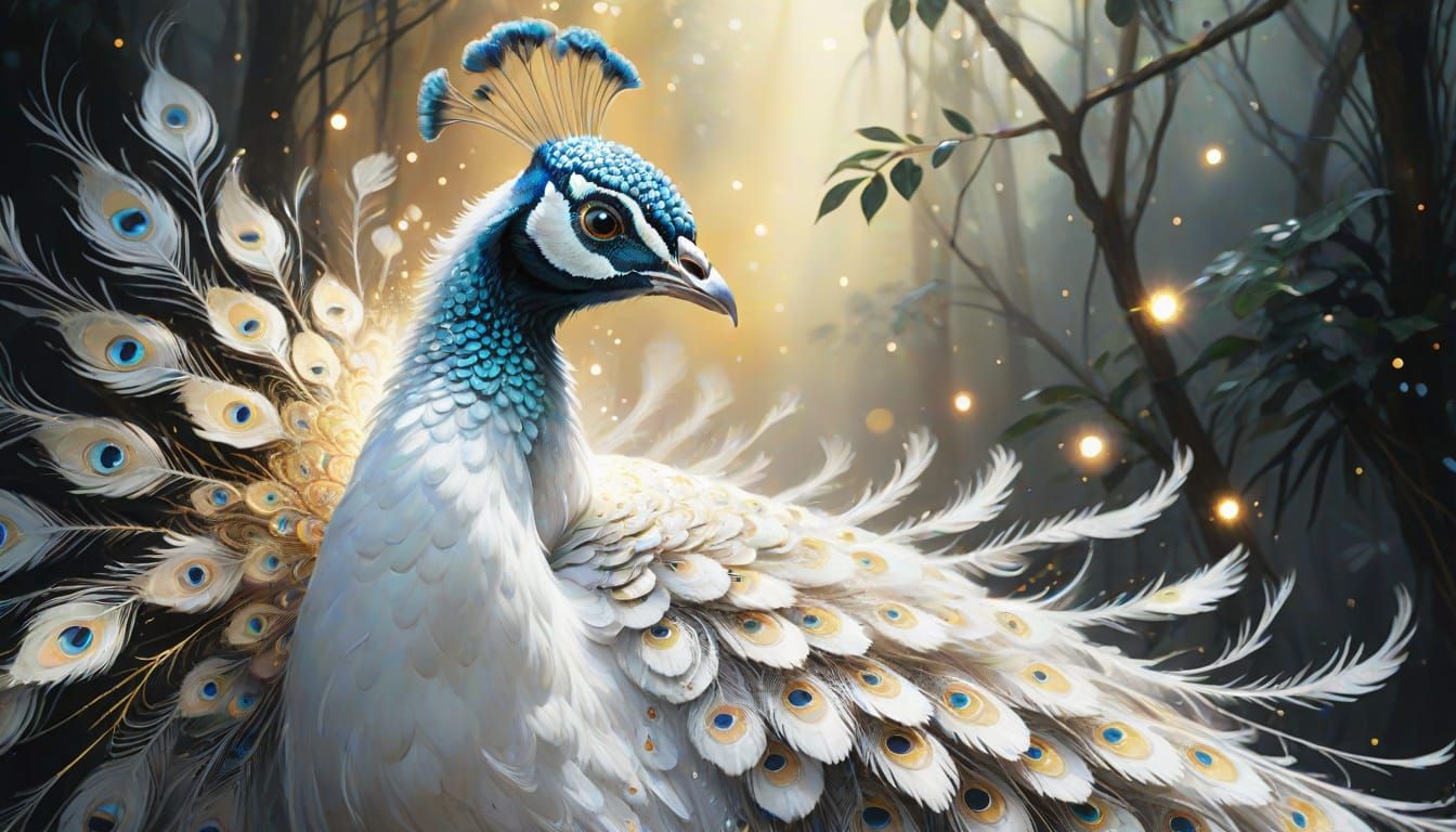 Majestic White Peacock Portrait in Dark Fantasy Style