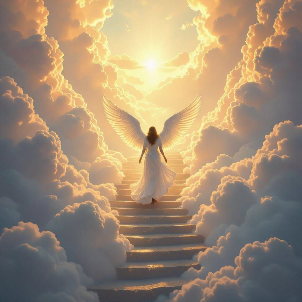 Angel Ascends Stairway to Heaven in Ethereal Style