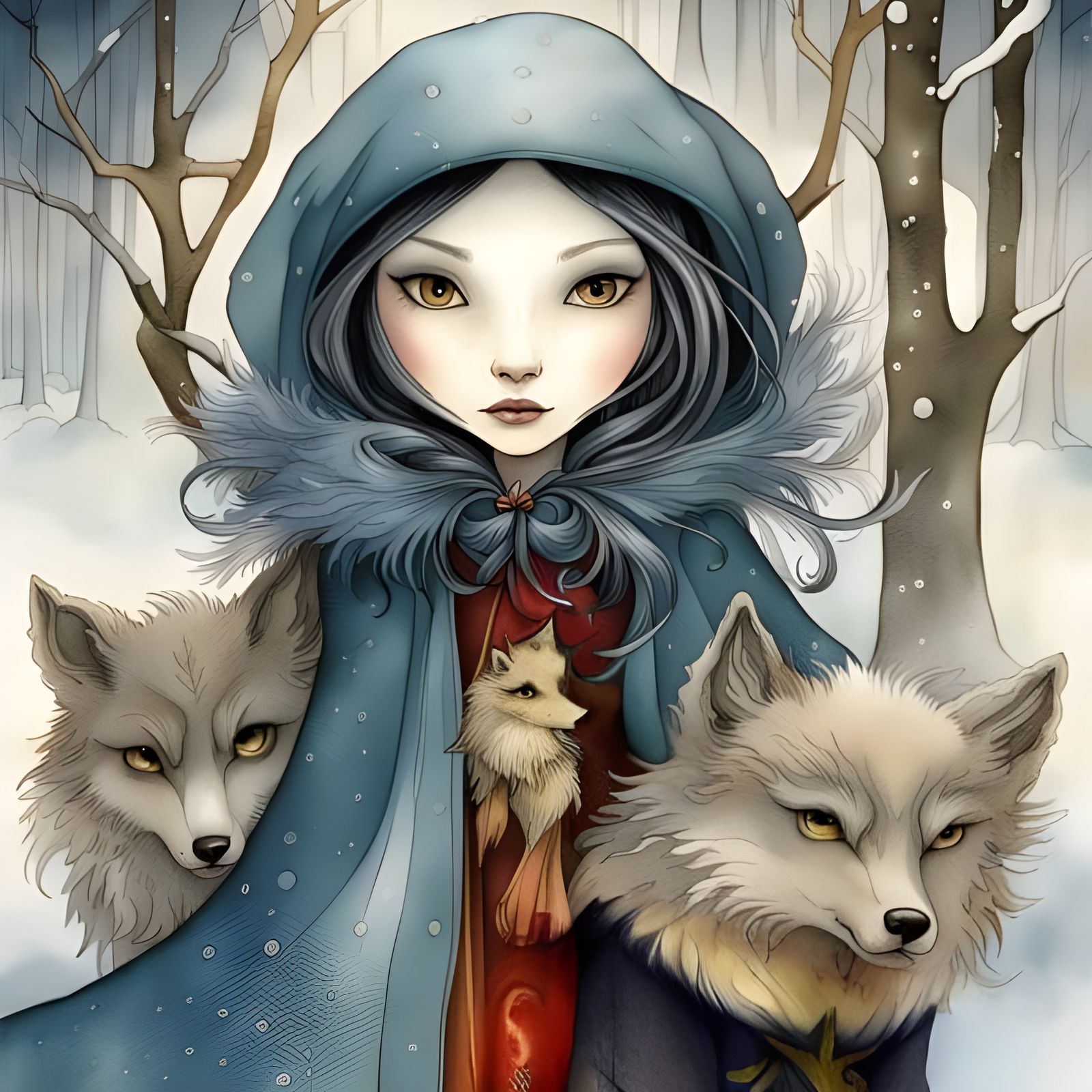 Winter Witch and Wolf in Rococo Watercolor