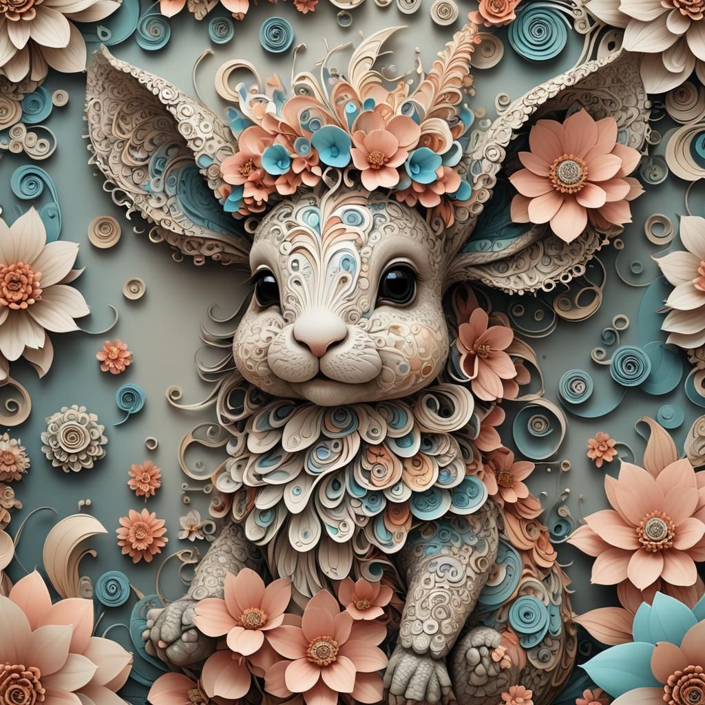 Cute Chubby Baby Rabbit with Flower, 3D Shading