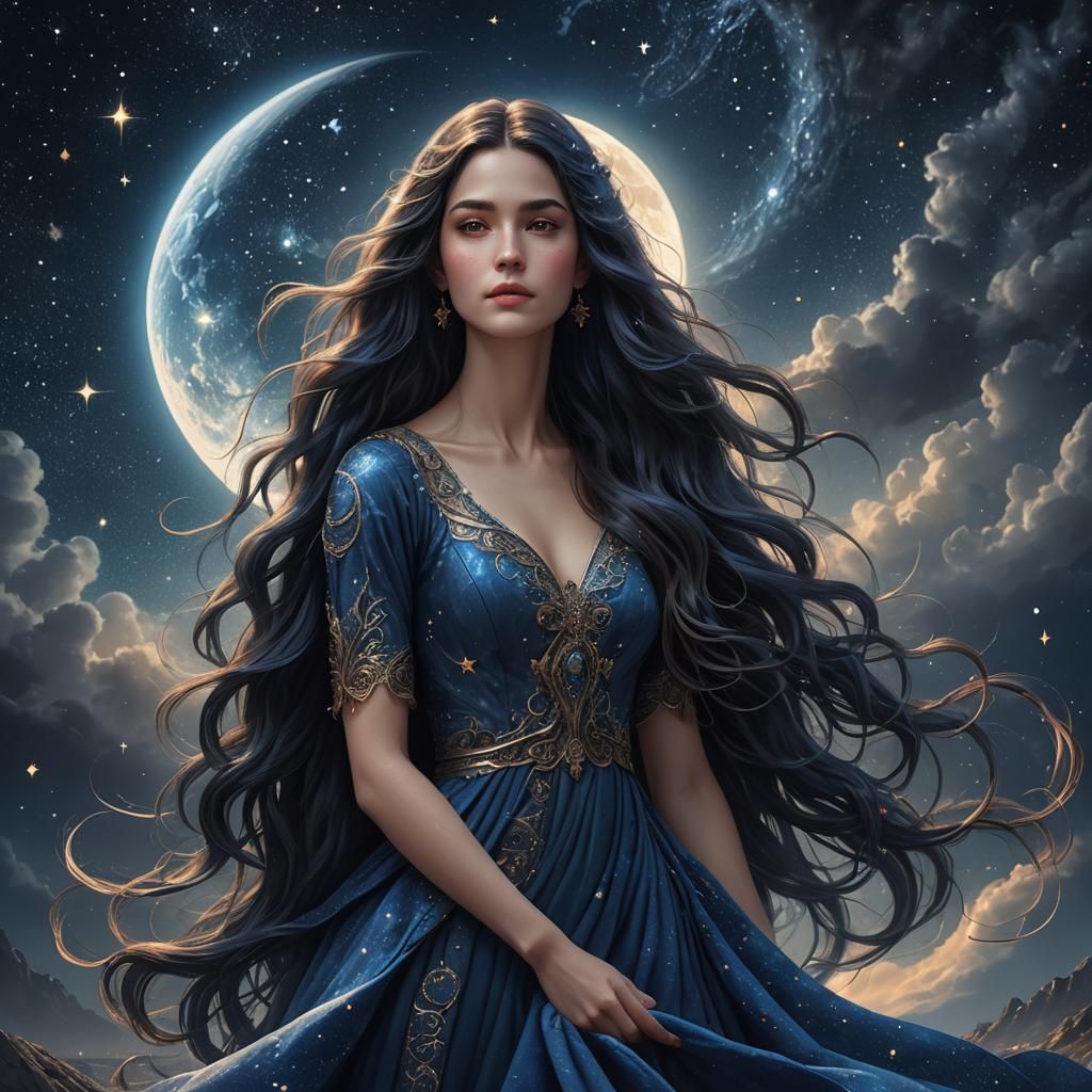 Blue Haired Woman in Starry Night Sky