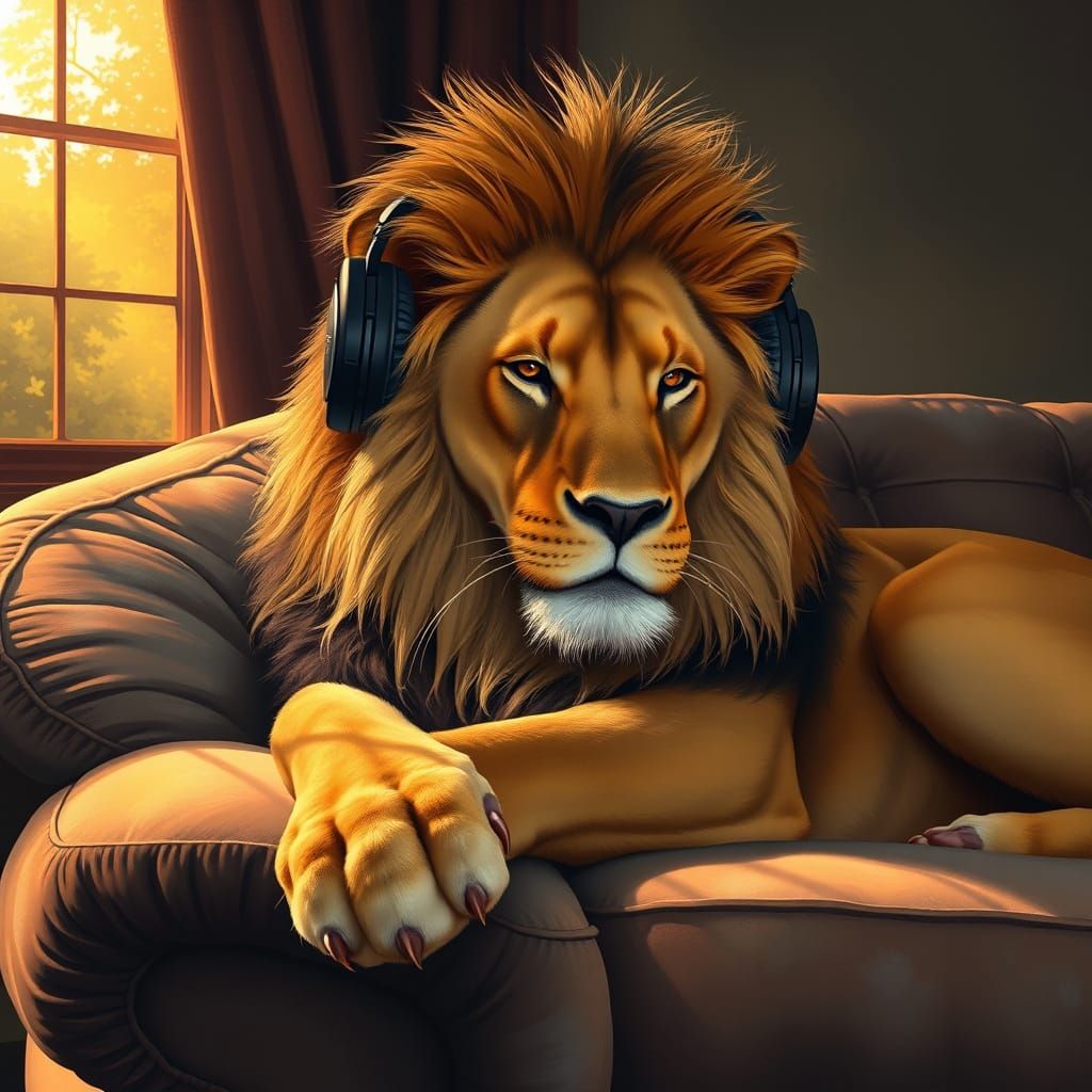 Lion with Headphones Relaxing on Velvet Couch