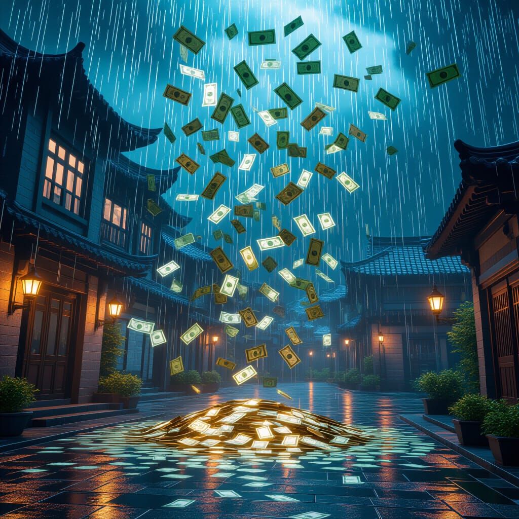 Money Raining Down: Detailed Fantasy Matte Painting