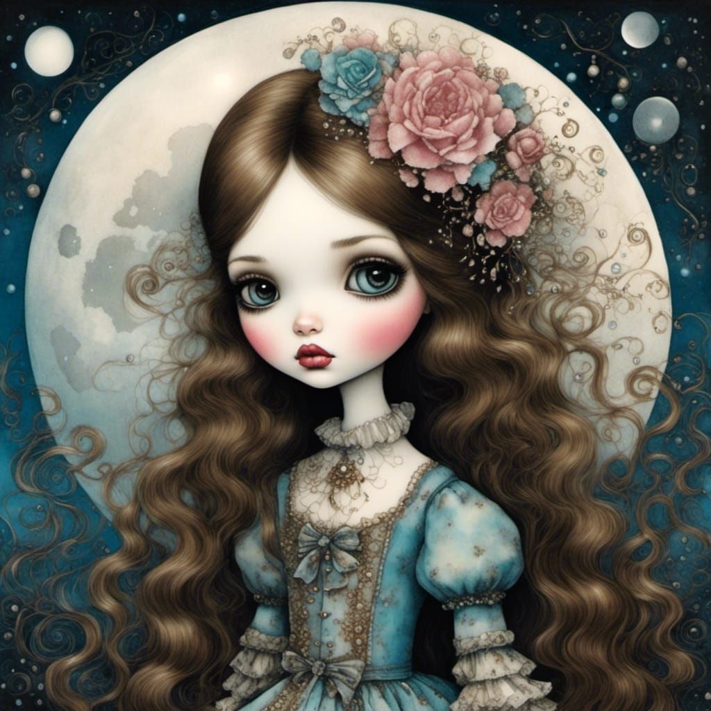 Doll-Like Teenager with Moon in Shabby Chic Style