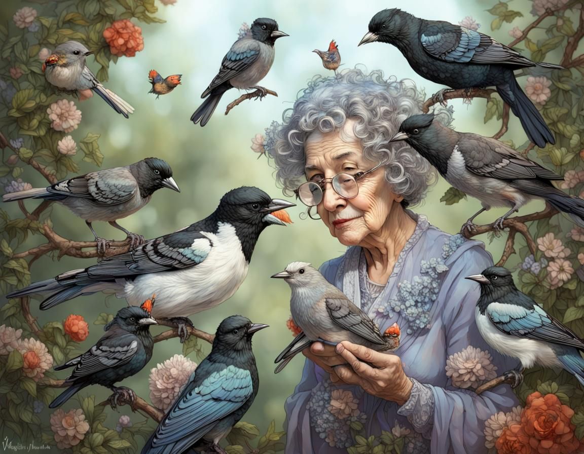 Grandma's Garden: A Whimsical Bird-Feeding Scene
