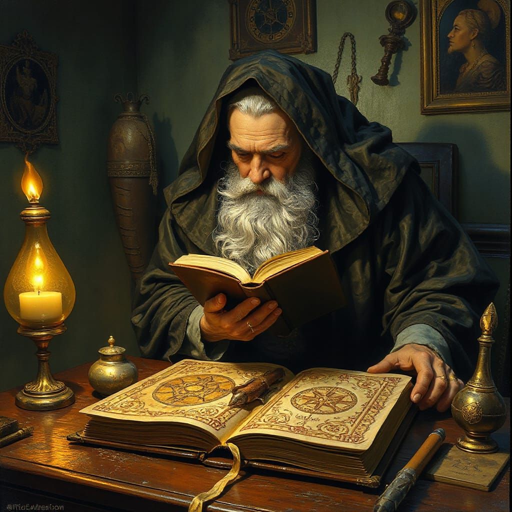 Wizard Studying Ancient Spell Book