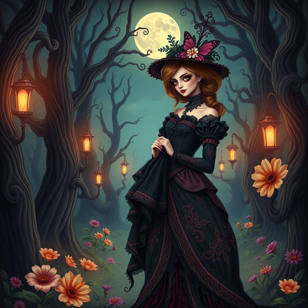 Victorian Woman in Mystical Forest, Gothic Romanticism