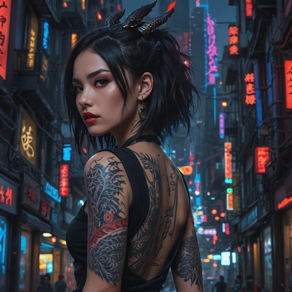 Futuristic City Portrait with Dragon Tattoo in Neon Light