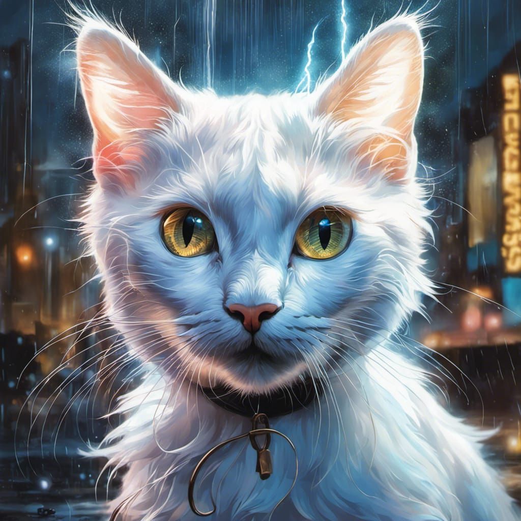 Ghostly White Cat Portrait in Digital Painting Style