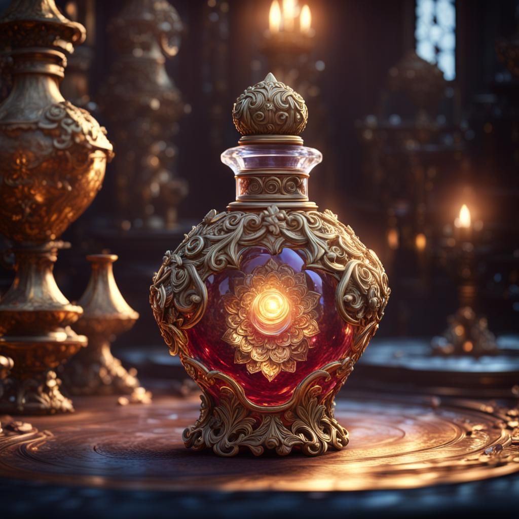 Mysterious Potion in Ornate Crystal Bottle