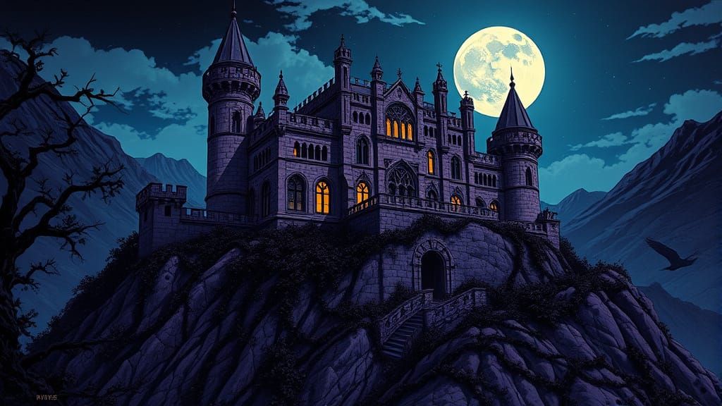 Gothic Castle Villa Under Moonlight, Comic Book Art