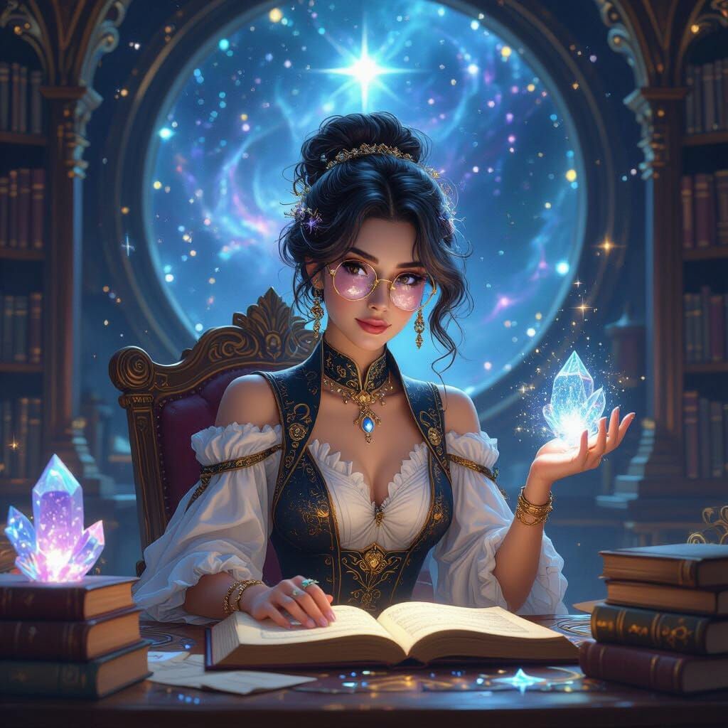 Celestial Librarian in Starry Library, Art Nouveau Style