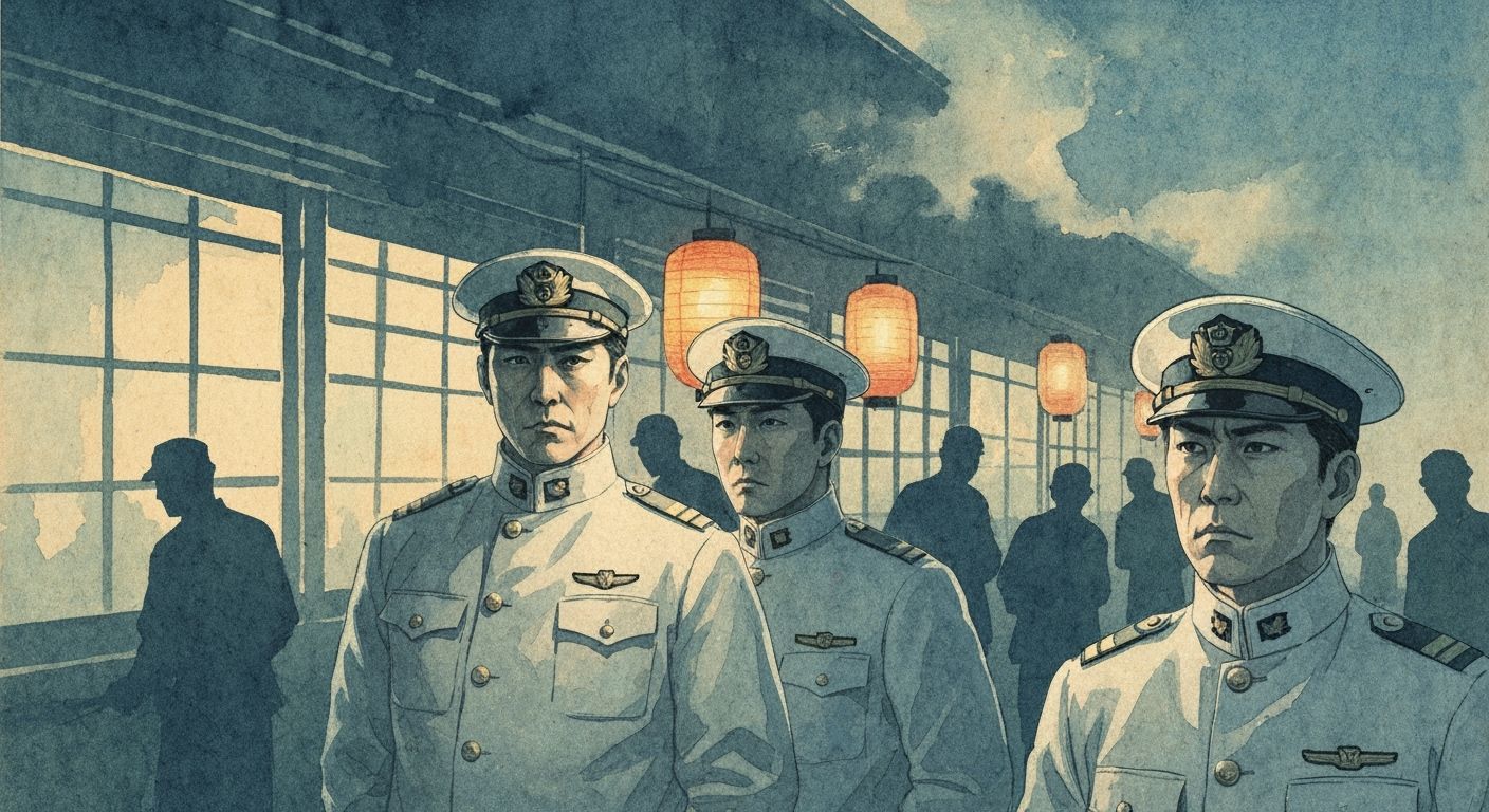 Japanese Naval Pilots Outside Joyhouse in Watercolor Style