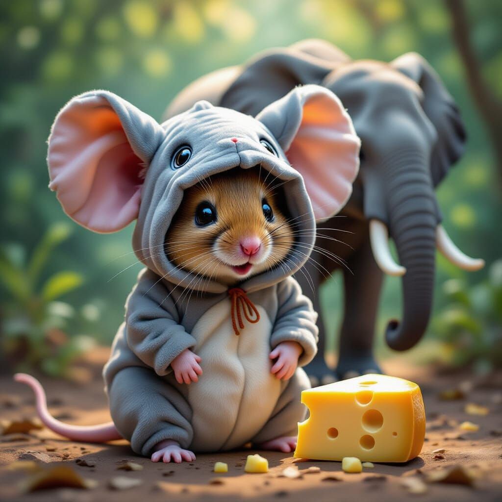 Mouse in Elephant Costume with Cheese