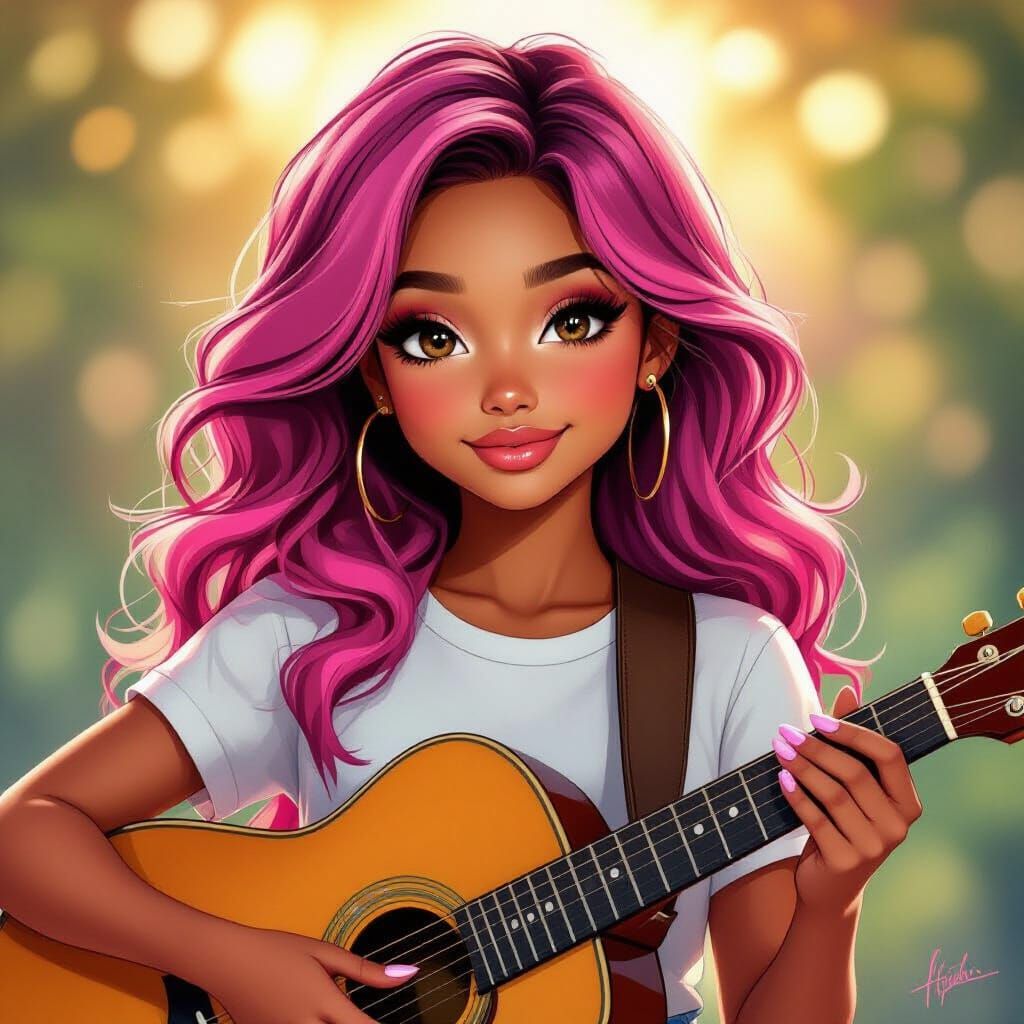 Young Black Guitarist with Pink Hair in Golden Hour Light