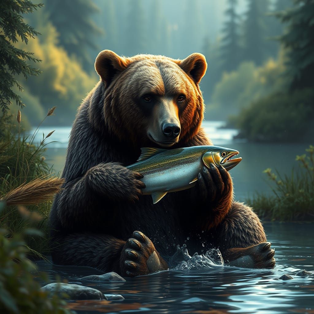 Grizzly Bear Catches Fish by Riverbank in Realistic Style