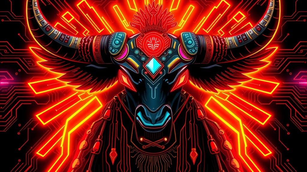 Cyberpunk Bull God with Aztec Ornamentation