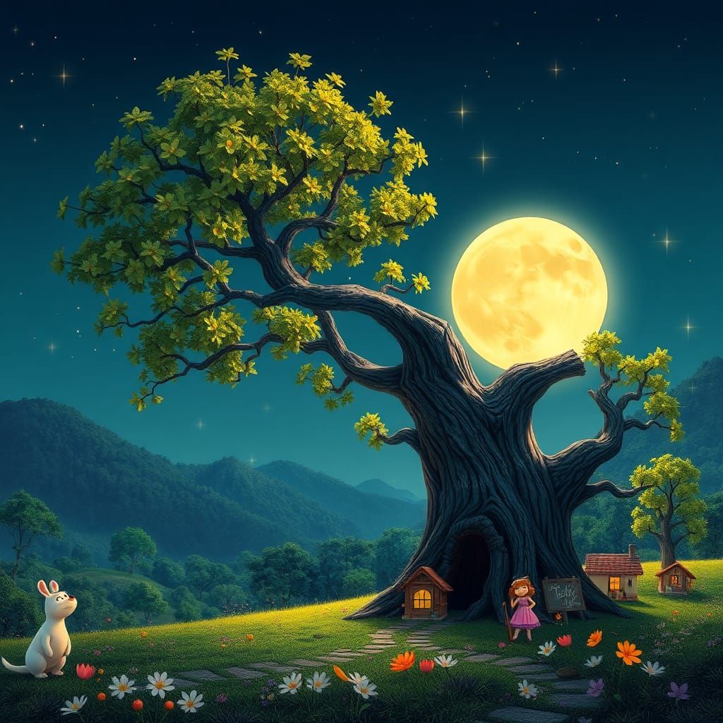 Pixar, un Caracol, un tronco, árboles, con hojas de otoño, luna llena, estrellas brillantes, pequeñas casas, flores dien...