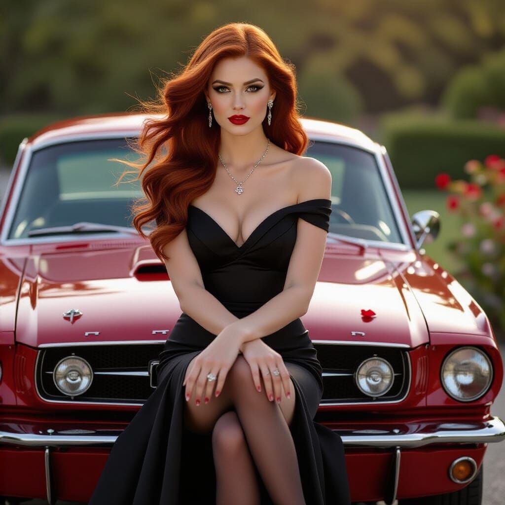 Goddess on Red Mustang in Cinematic Style
