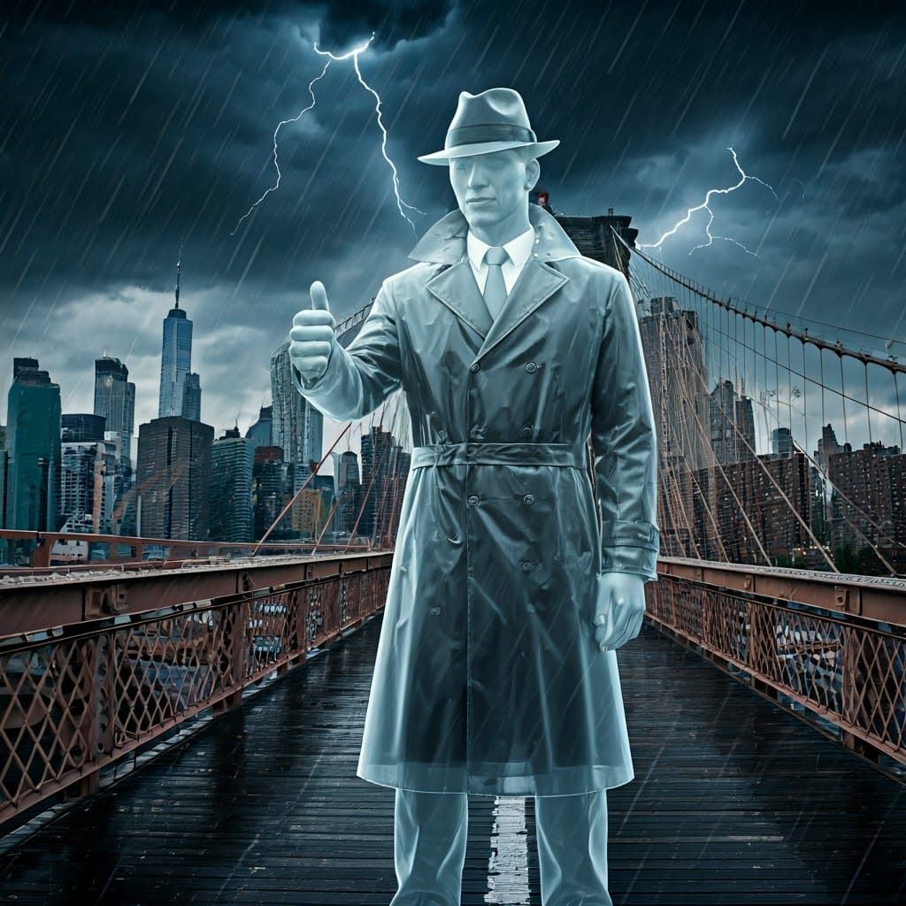 Glowing Figure Gives Thumbs Up Under Neon City Sky