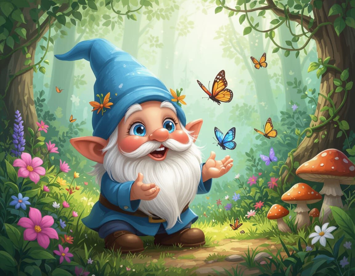 Gnome Playing with Butterflies in Enchanted Forest