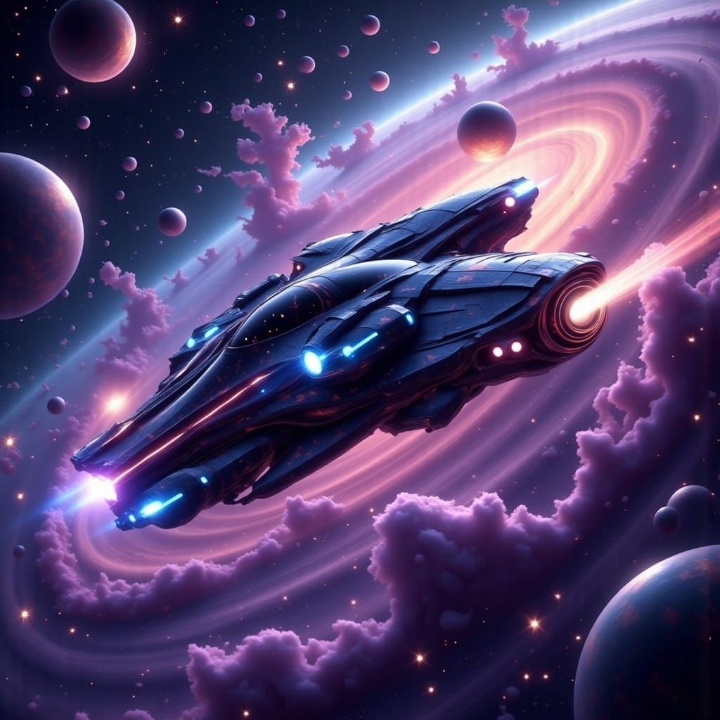 Futuristic Spaceship Navigates Vibrant Nebula in Industrial ...