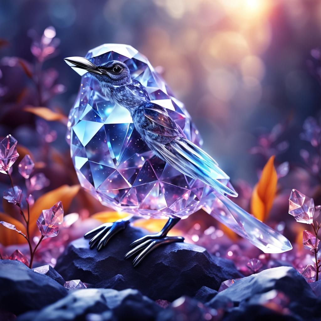 Adorable Crystal Bird in Magical Landscape