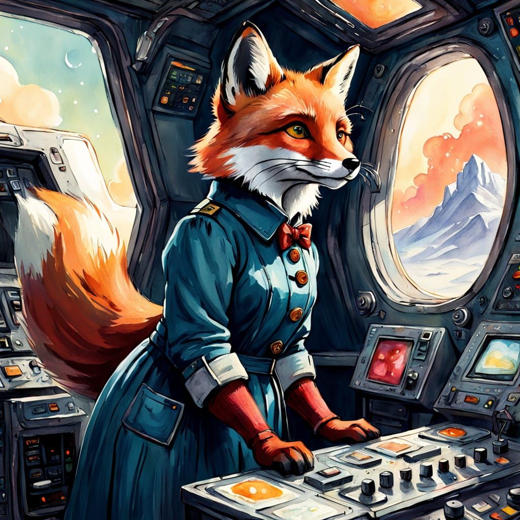 Whimsical Fox in Spacecraft Control Room