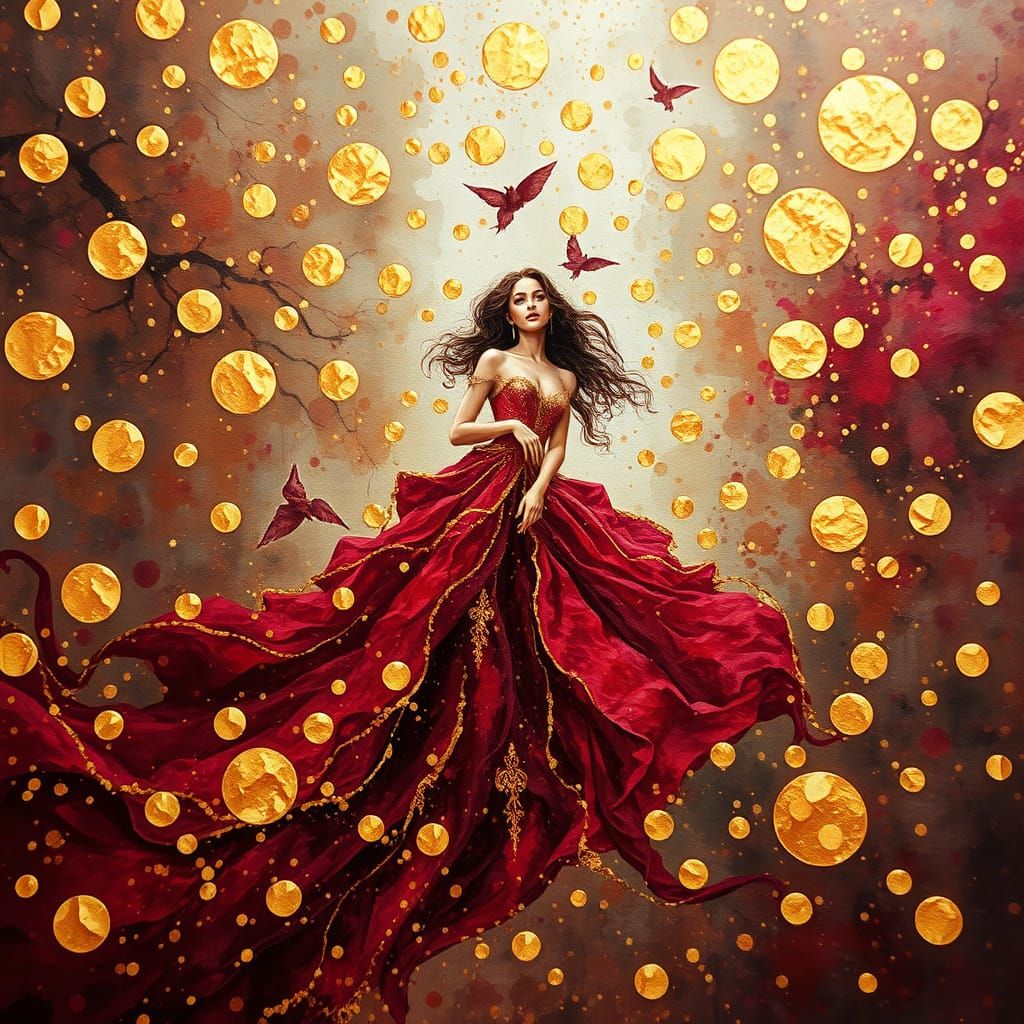 Ethereal Art Nouveau Lady of the Lake in Gold and Burgundy